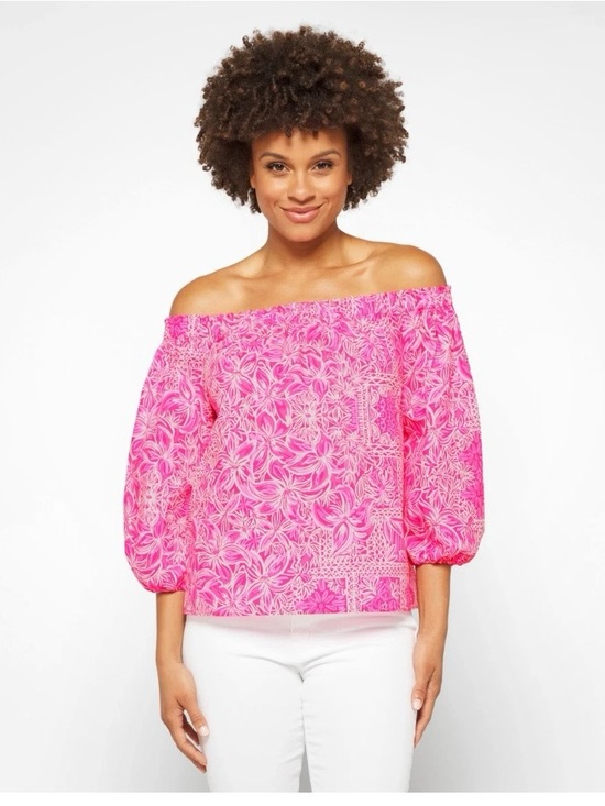 Lilly Pulitzer Tops - Lilly Pulitzer Winifred Off the Shoulder Pink New Blooms on the Block Size SMALL
